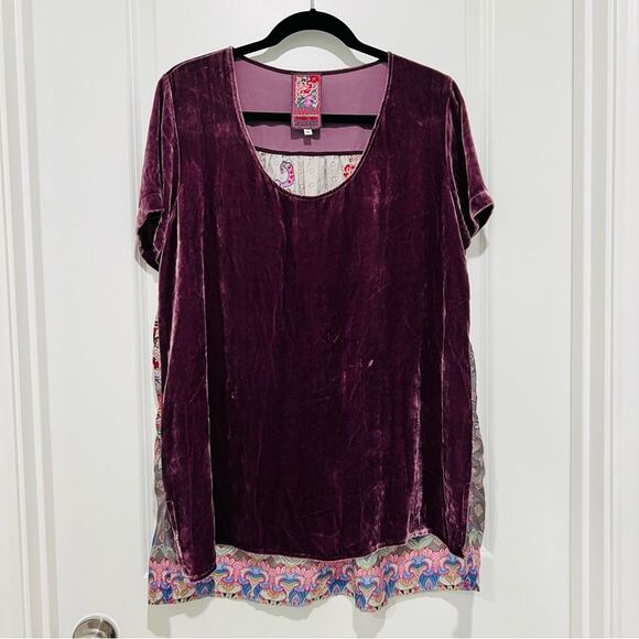JWLA Johnny Was Mixed Media Short Sleeve Top Purple Velvet Front Silk Back Small - Picture 1 of 8